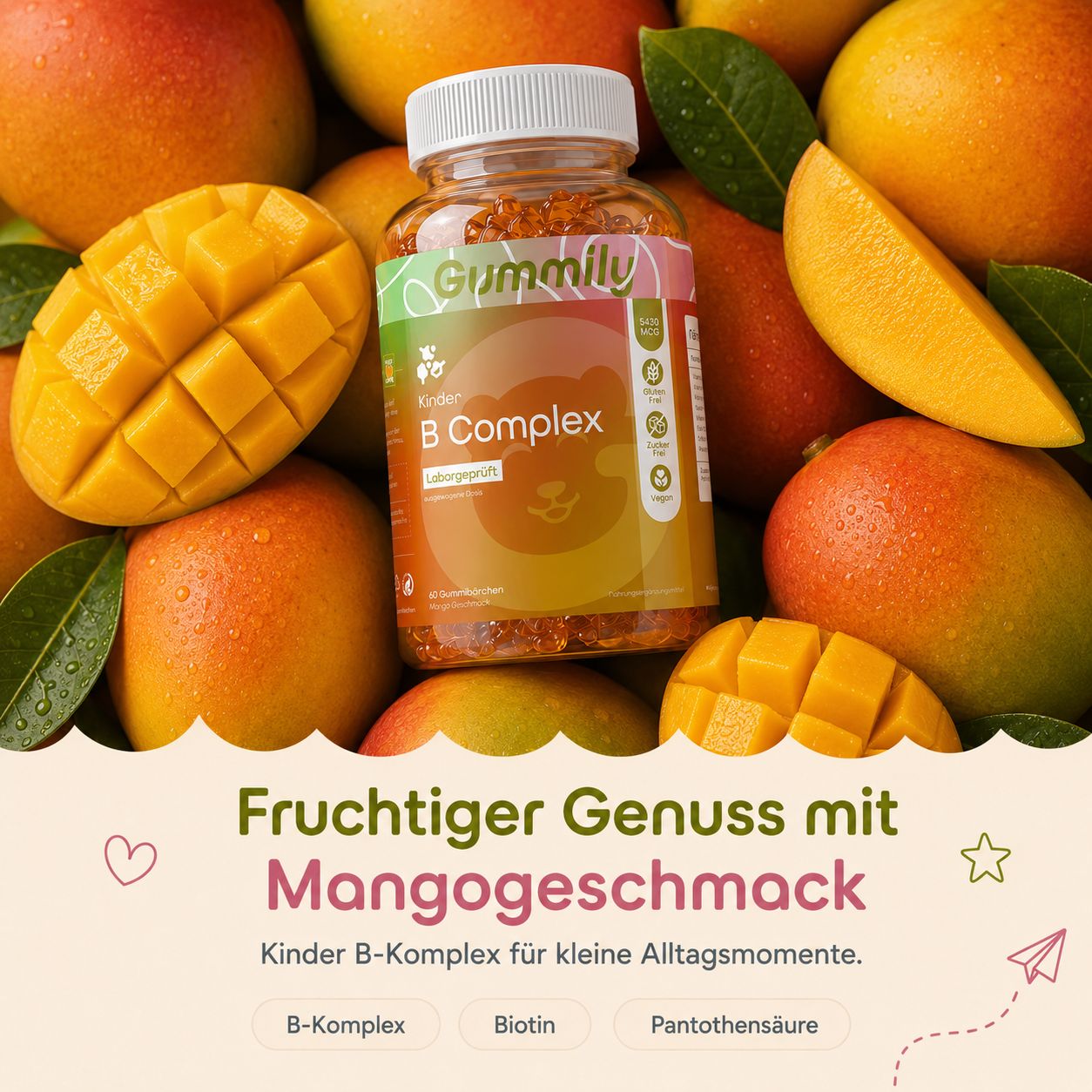 Gummily Kinder B Complex Gummibärchen mit Mango-Geschmack, umgeben von Mangos. Text: Fruchtiger Genuss mit Mangogeschmack.