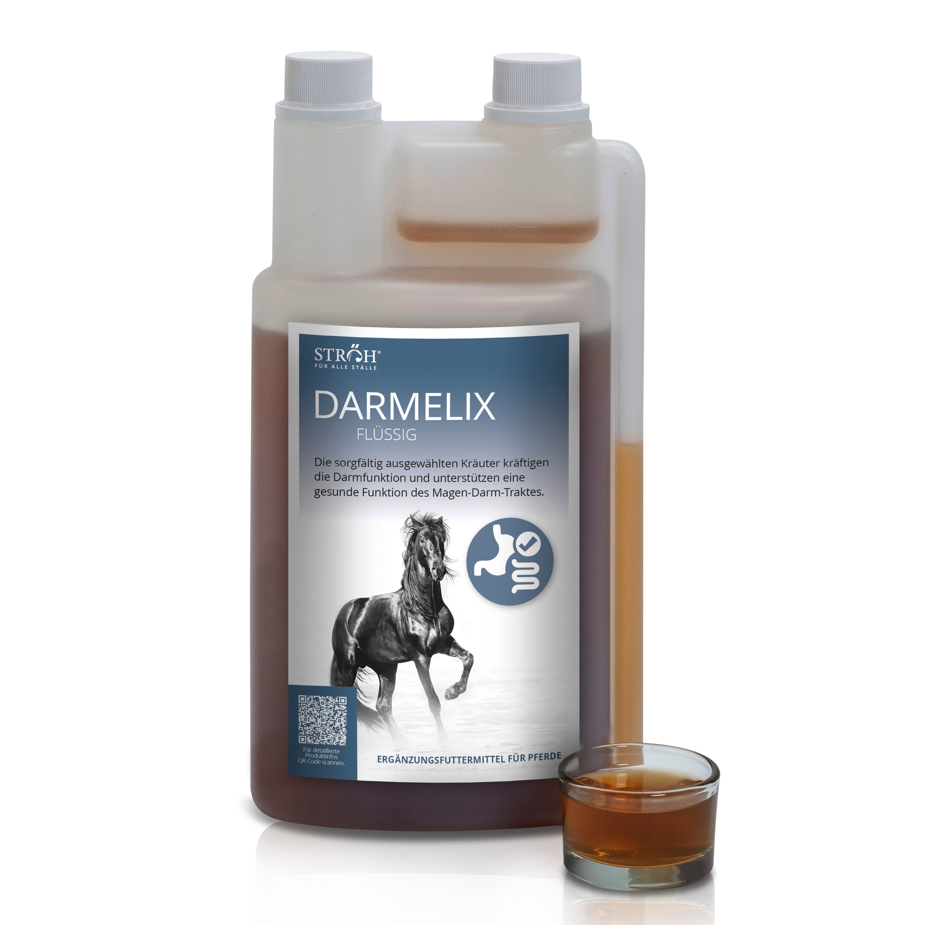 DARMELIX Flüssig-Flasche mit Glas. Produktabbildung mit Illustrationen zur Darmgesundheit. Enthält Flüssigkeit.