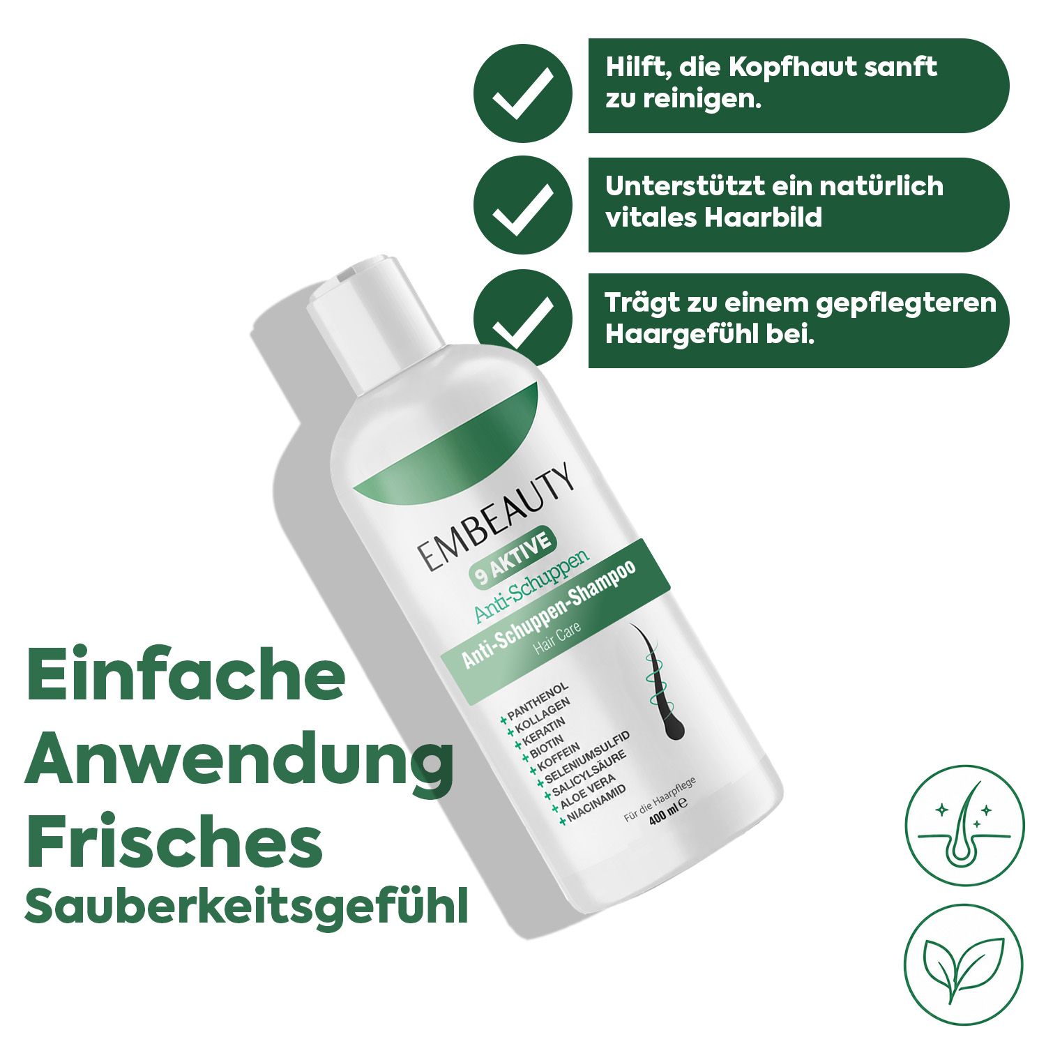 Embeauty Anti-Schuppen Shampoo Flasche mit Liste von Inhaltsstoffen und Anwendungshinweisen.