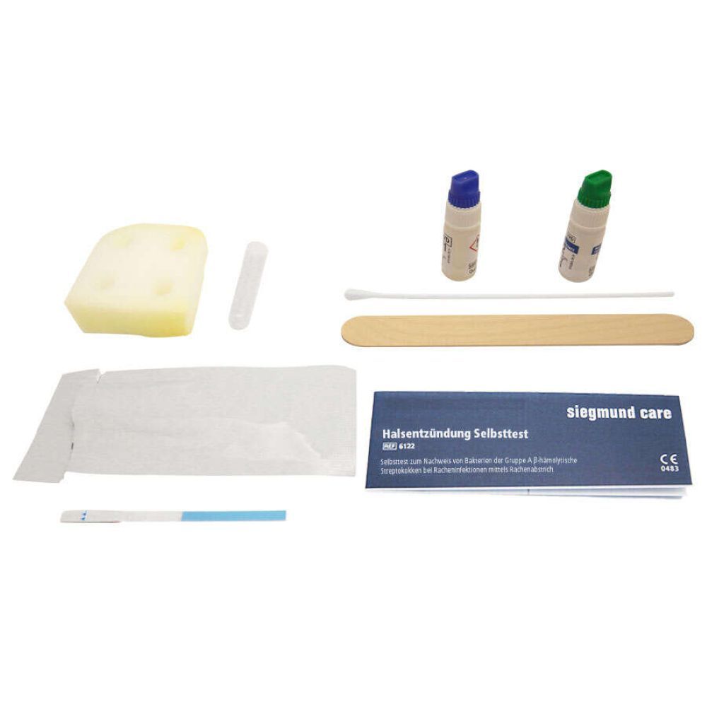 Testkit für Halsentzündung. Enthält Tupfer, Holzspatel, Schwamm, Teststreifen, zwei Fläschchen und eine Anleitung. CE-Kennzeichnung.