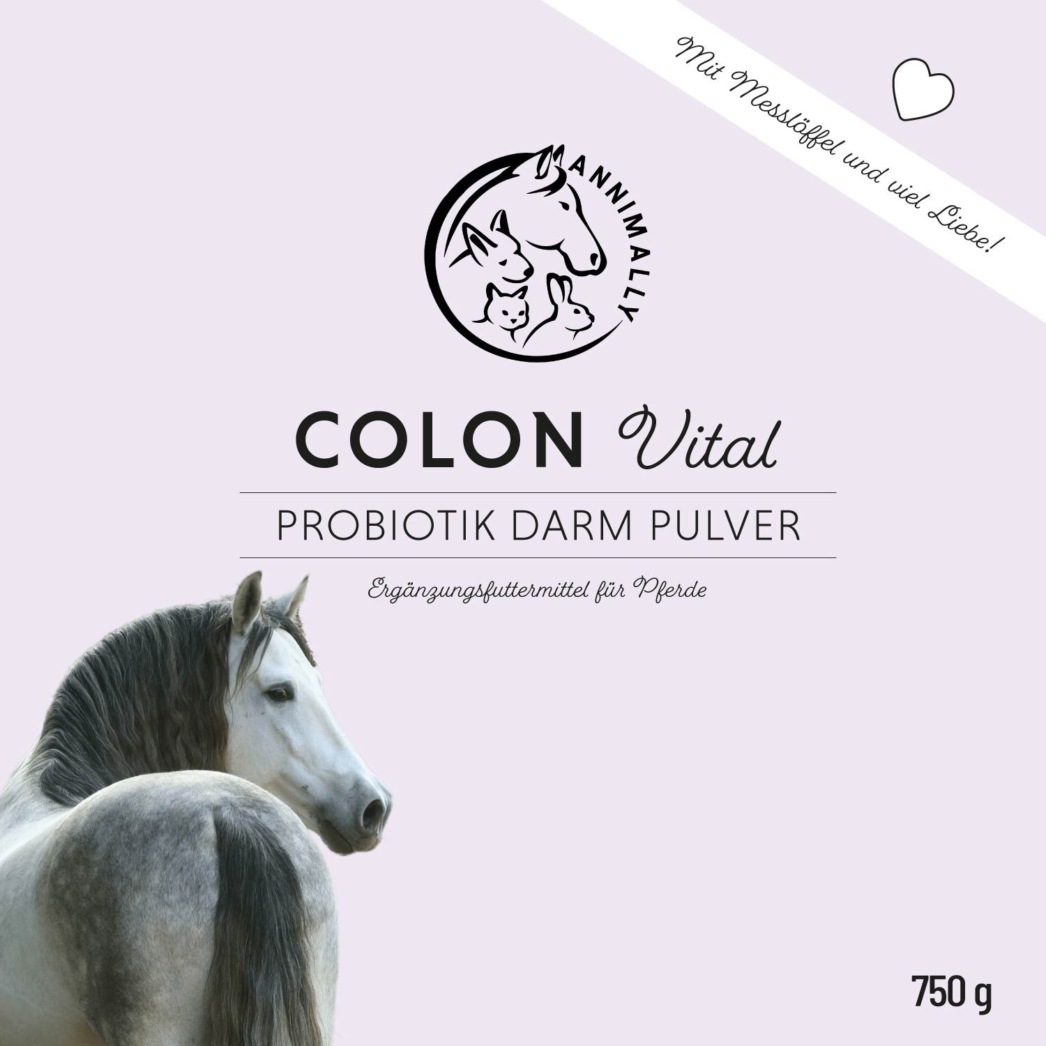Produktetikett mit Text: COLON Vital, Probiotik Darm Pulver, 750 g. Logo: Pferd mit Familie. Hintergrund: Pferd.