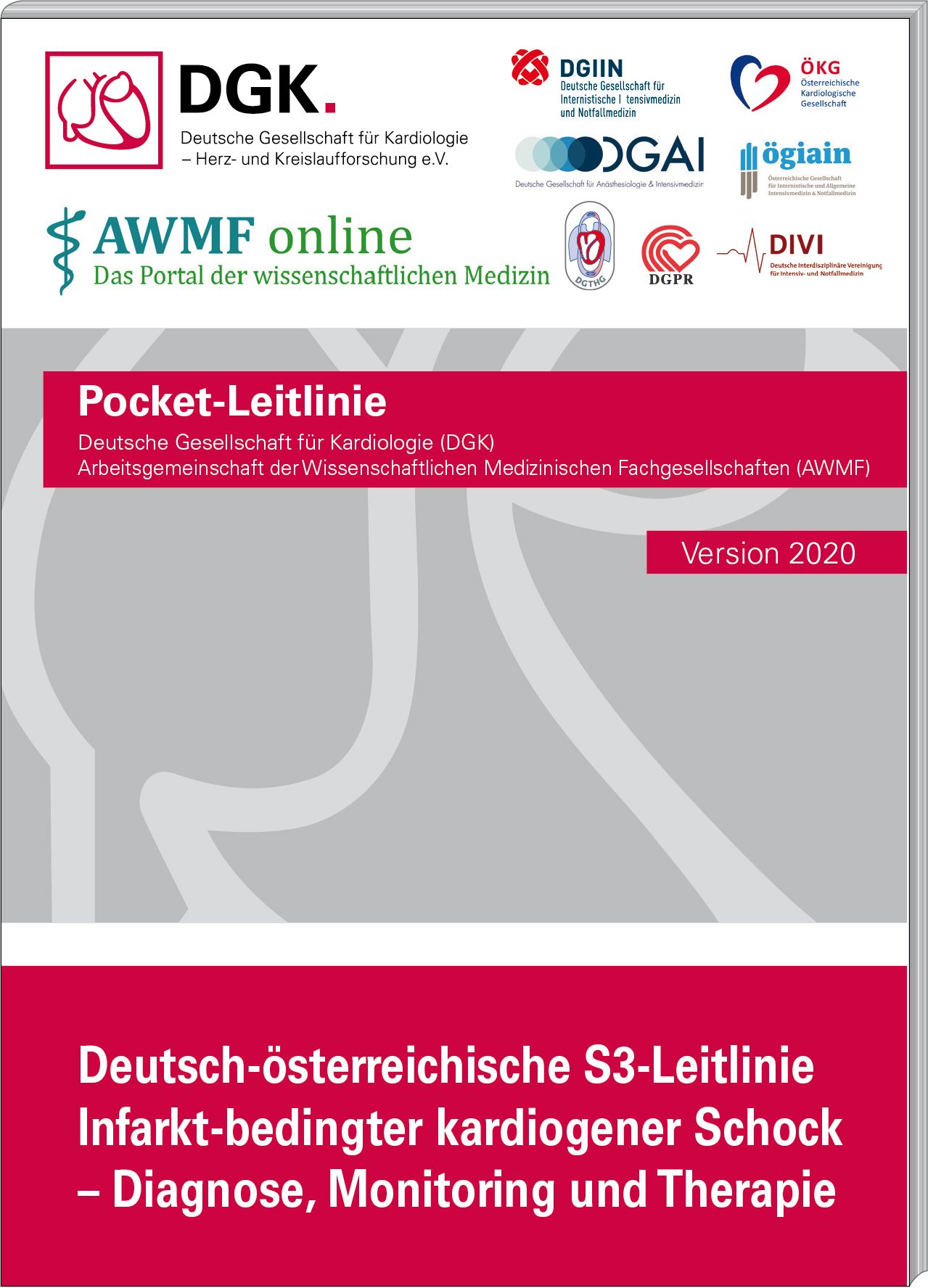 Taschenbuch mit dem Titel „Pocket-Leitlinie“. Auf dem Cover Logos von DGK, AWMF und anderen medizinischen Organisationen. Version 2020.