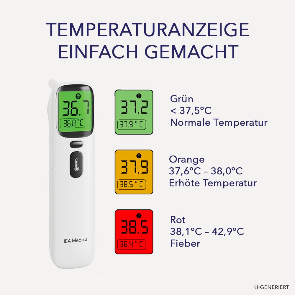 Digitales Fieberthermometer mit Display und Farbsymbolen für normale Temperatur (grün), erhöhte Temperatur (orange) und Fieber (rot).