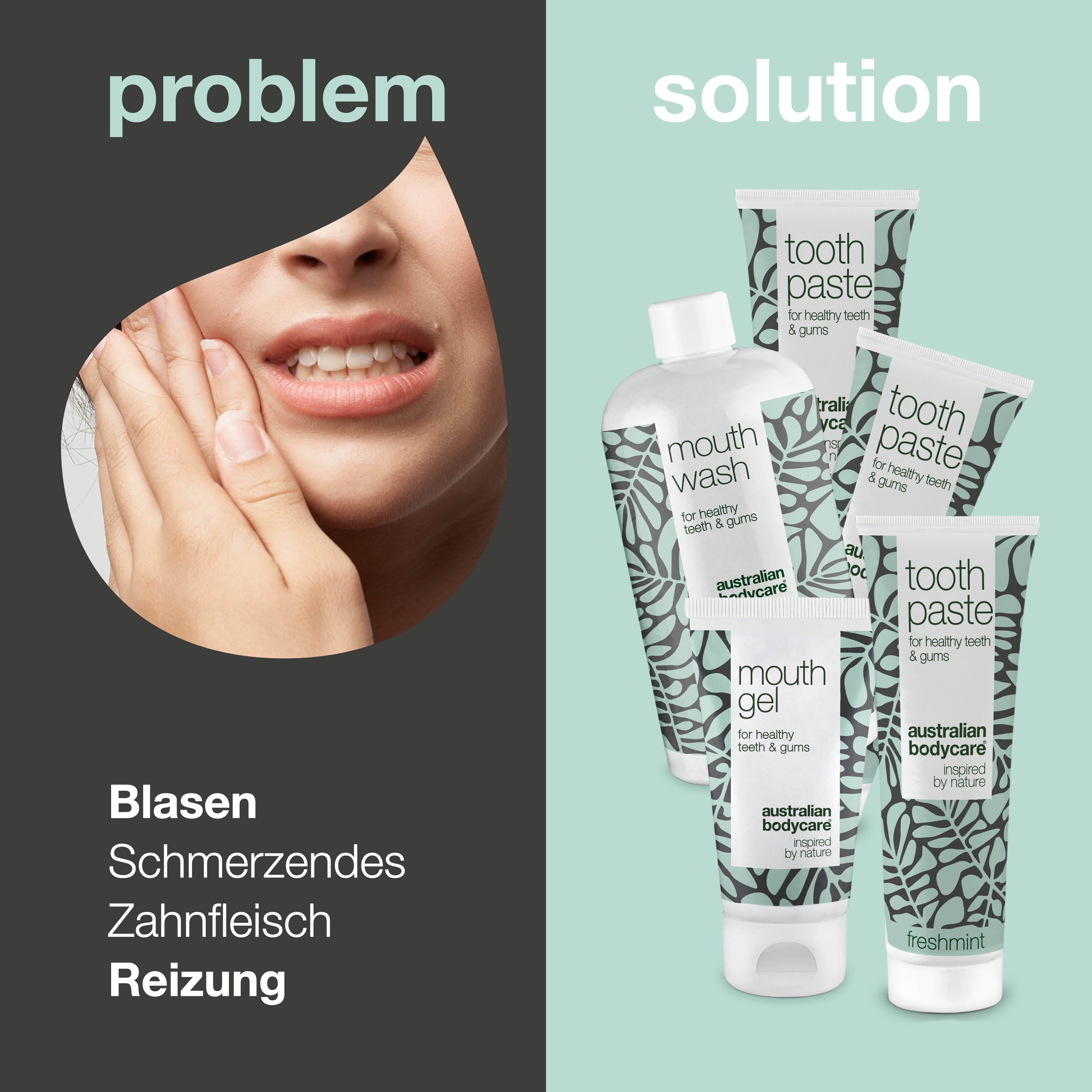 Bild zeigt Problem und Lösung. Problem: Blasen, schmerzendes Zahnfleisch, Reizung. Lösung: Produkte.
