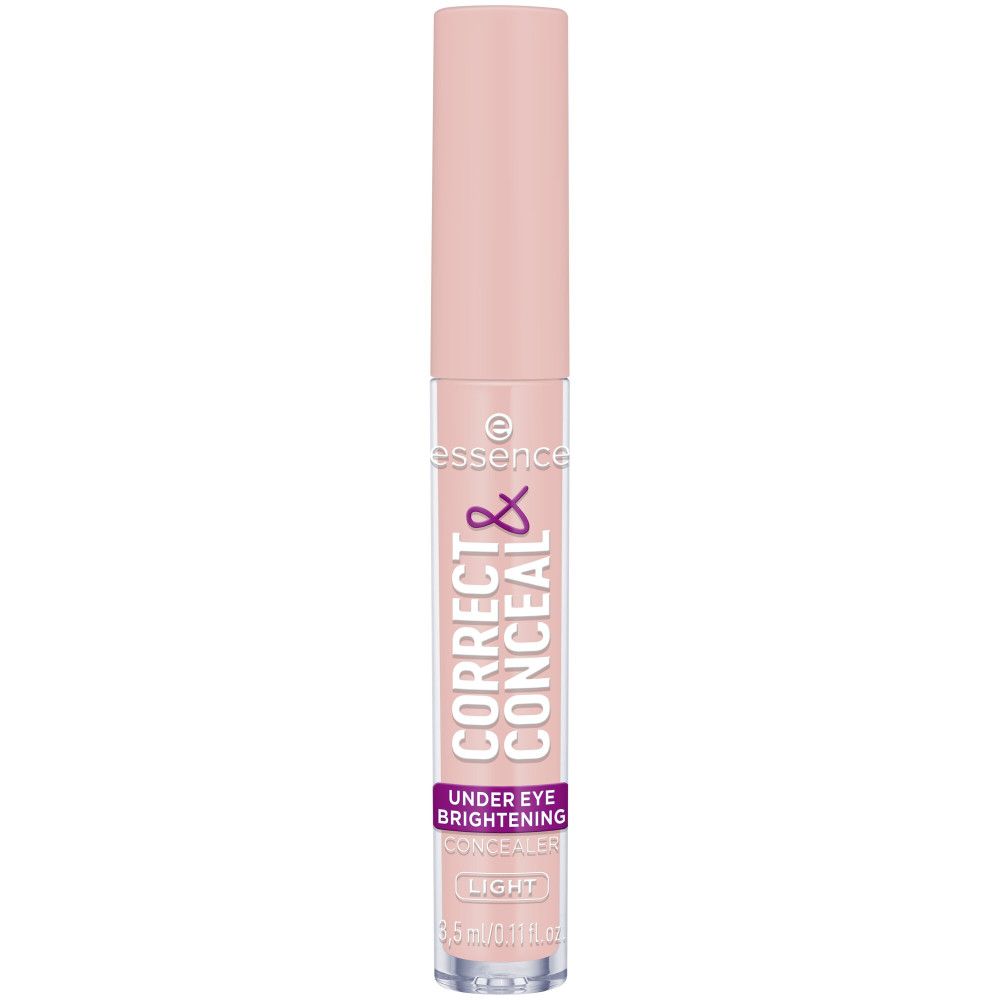 Essence Correct & Conceal Concealer, hellrosa Tube. Text: Correct & Conceal, Under Eye Brightening, Light.