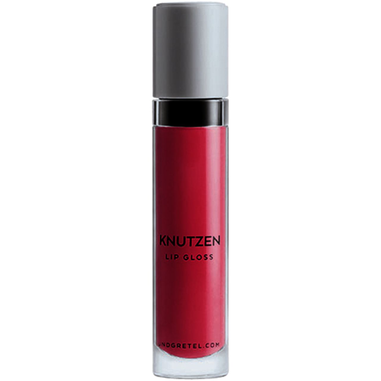 Roter Lipgloss in zylindrischer Flasche mit silbernem Deckel. Schriftzug: KNUTZEN LIP GLOSS. Unterseite: undgretel.com.