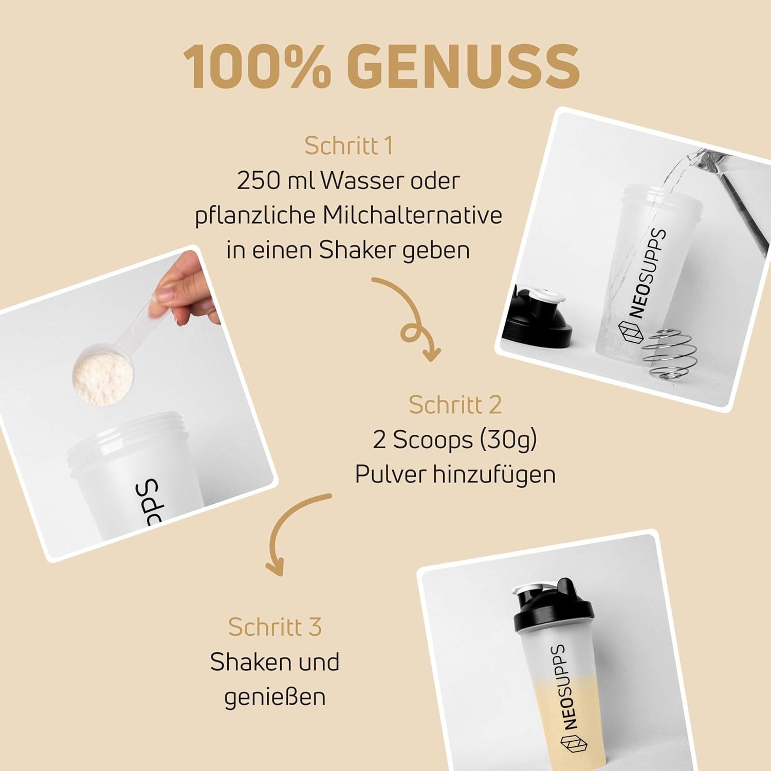 Drei Bilder zeigen die Zubereitung von Vegan Protein mit einem Shaker. Auf dem Shaker steht "Neosupps".