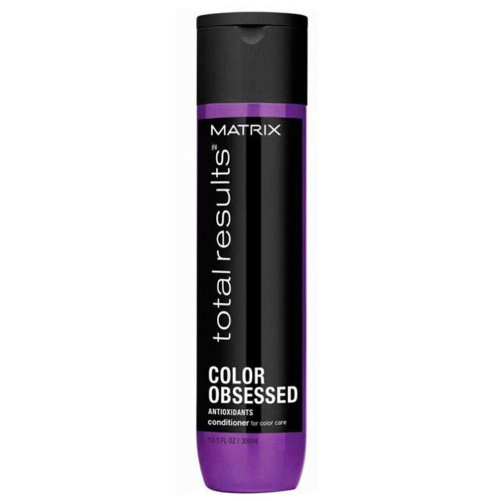 Flacon de Matrix Total Results Color Obsessed Conditioner. Emballage violet et noir. Texte: MATRIX, Color Obsessed, Conditioner.