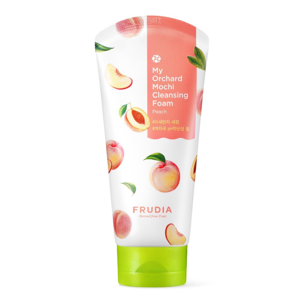 Frudia My Orchard Mochi Cleansing Foam, Pfirsich-Variante, in einer weißen Tube mit Pfirsich-Illustrationen und grünem Deckel.