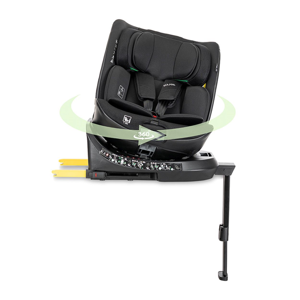 Schwarzer Kindersitz mit Drehbasis und 360-Grad-Drehpfeilen. Isofix-Befestigung.