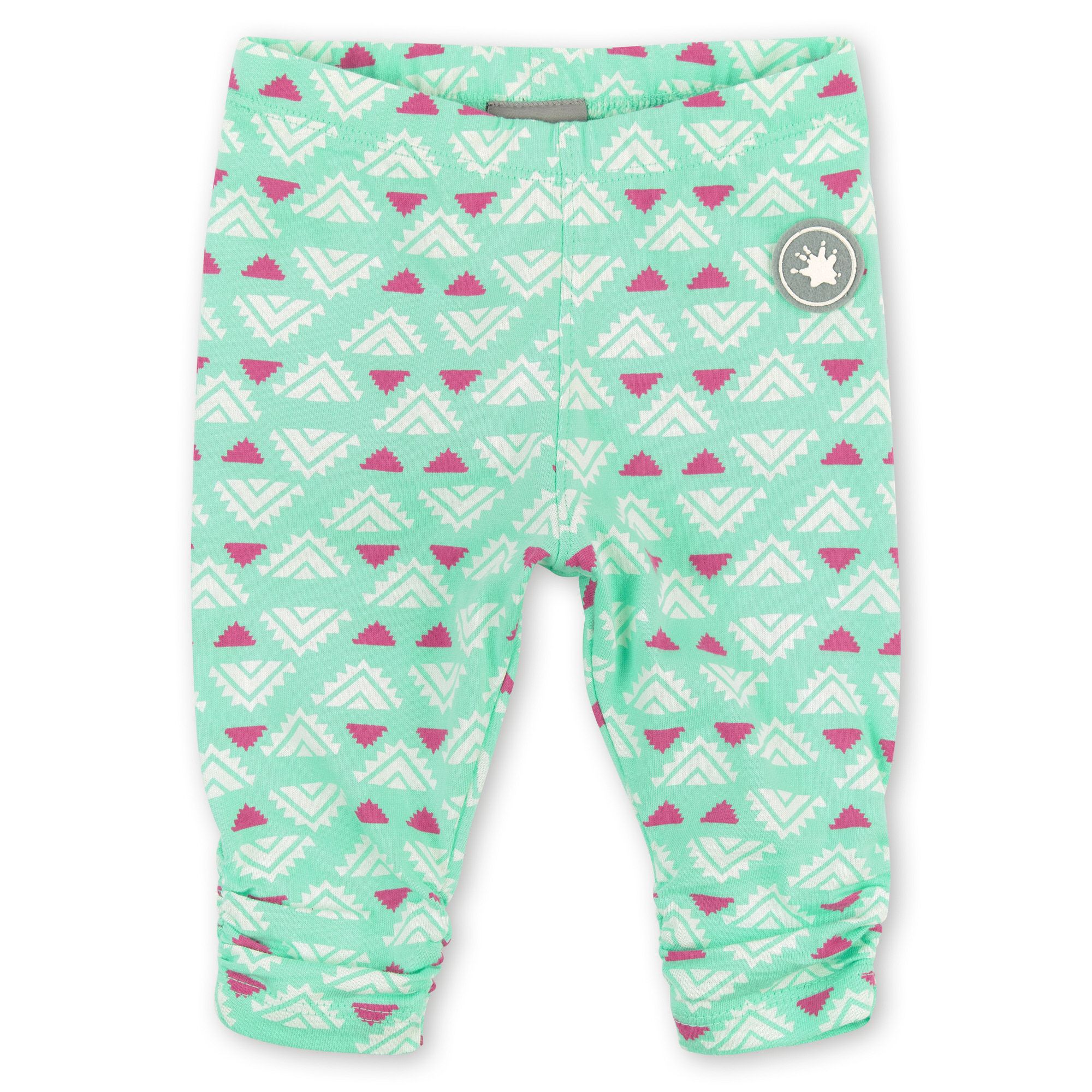 Hellgrüne Baby-Leggings mit weißem und pinkfarbenem Muster. Gerüschter Saum. Kleines Logo am Bein.