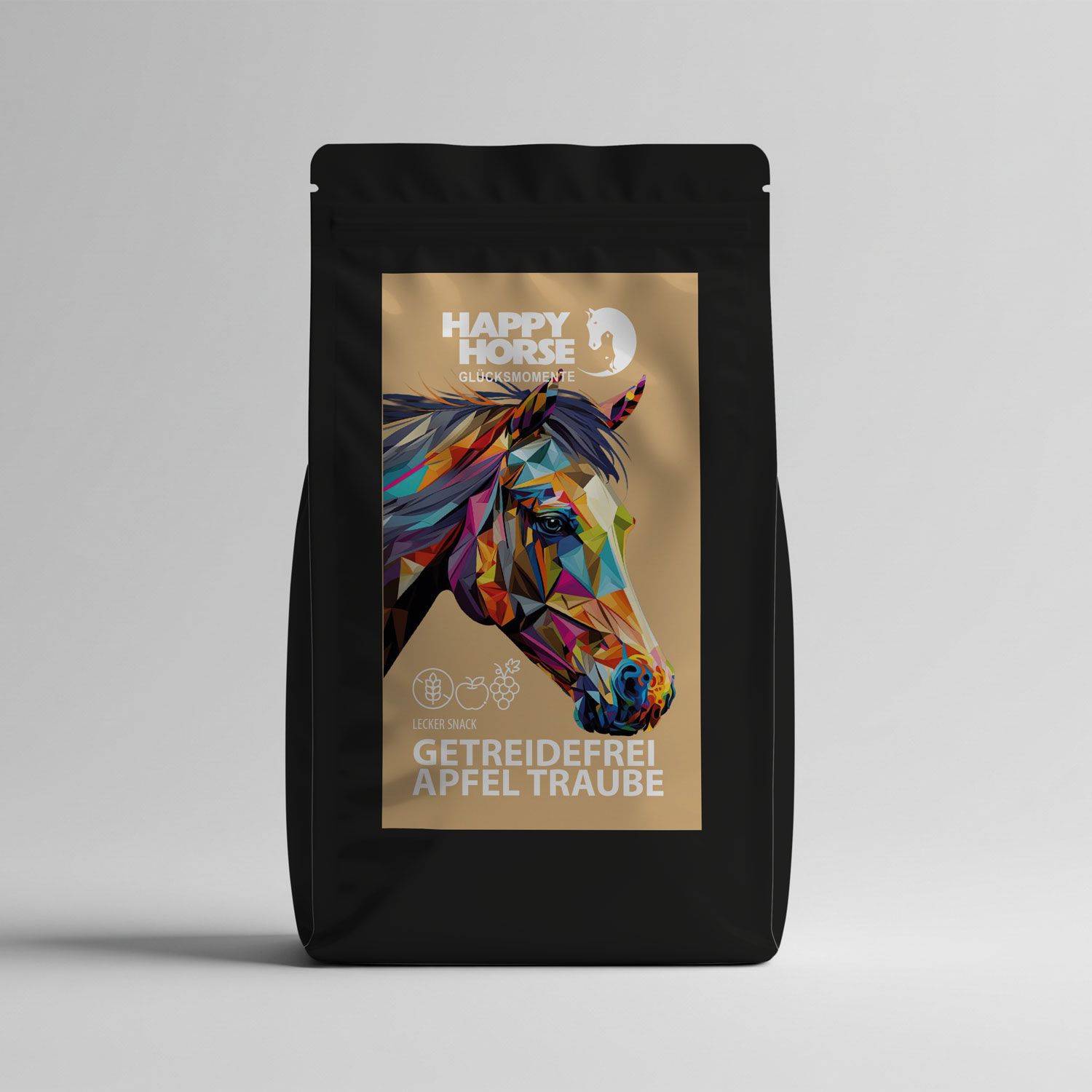 Schwarze Verpackung mit Produktabbildung. Aufdruck: Happy Horse, Getreidefrei Apfel Traube. Bild eines bunten Pferdekopfes.
