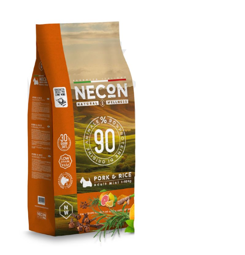 Verpackung von Necon-Petfood. Aufschrift: Pork & Rice Adult Mini. 90% tierischen Ursprungs. Logo: Necon Natural & Wellness.
