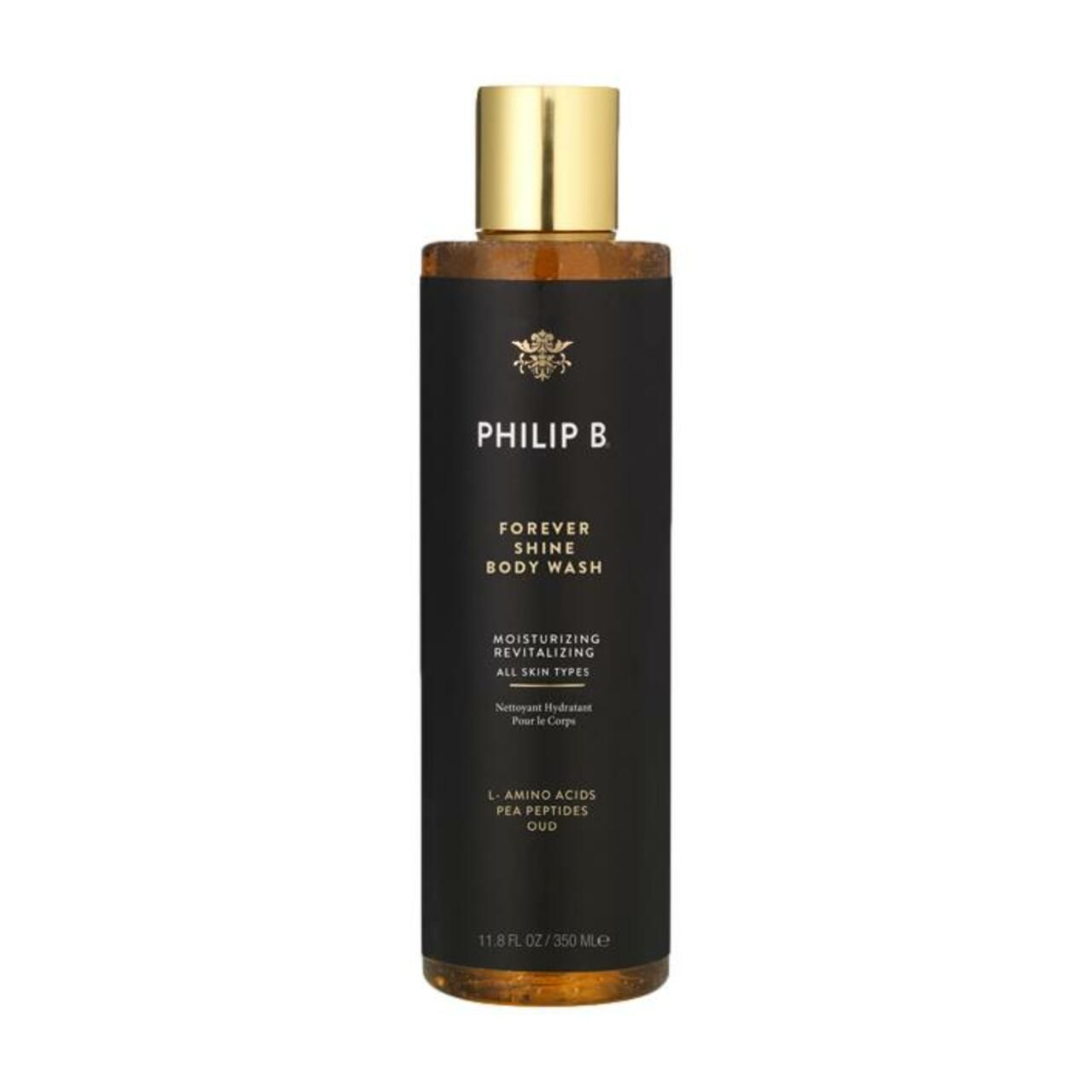 Schwarze Flasche Philip B Forever Shine Body Wash. Goldfarbener Deckel. Text: Forever Shine Body Wash, Moisturizing Revitalizing, All Skin Types.