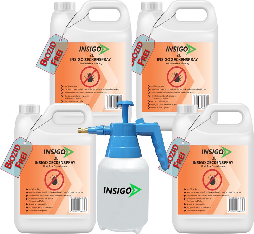 Mehrere Behälter und eine Sprühflasche. Auf den Behältern steht INSIGO Zeckenspray. Etikett 'BIOZID FREI'.