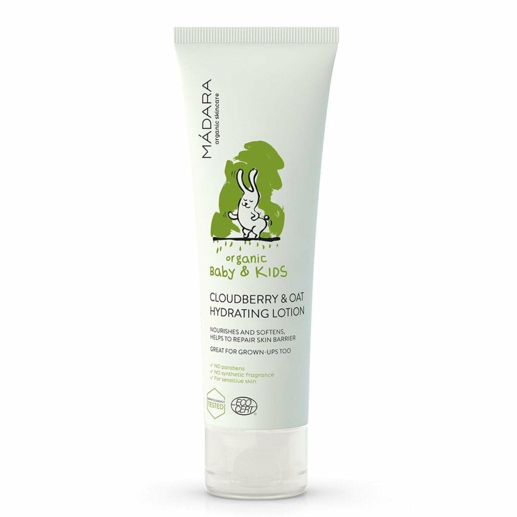 Weisse Tube mit grünem Logo und Text. Enthält ein Cartoon-Kaninchen. Text: Cloudberry & Oat Hydrating Lotion. Zertifizierung.