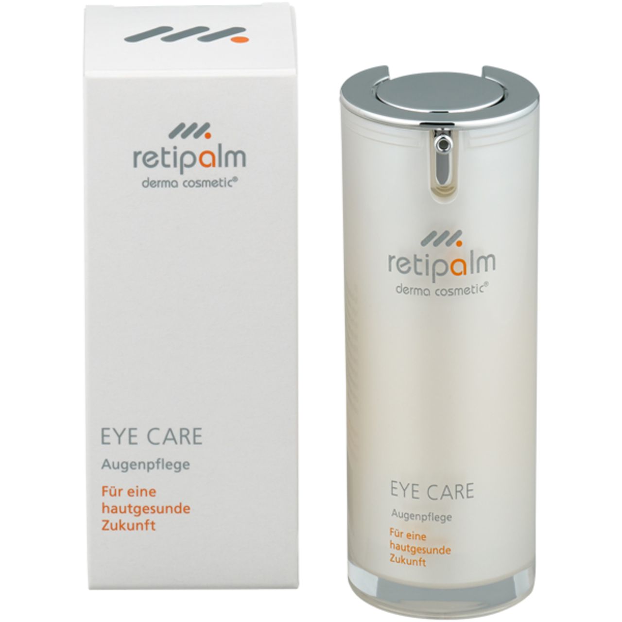 Produktflasche und Verpackung. Flasche: zylindrisch, silberner Deckel. Verpackung: weiß, Aufschrift Retipalm, Eye Care. 