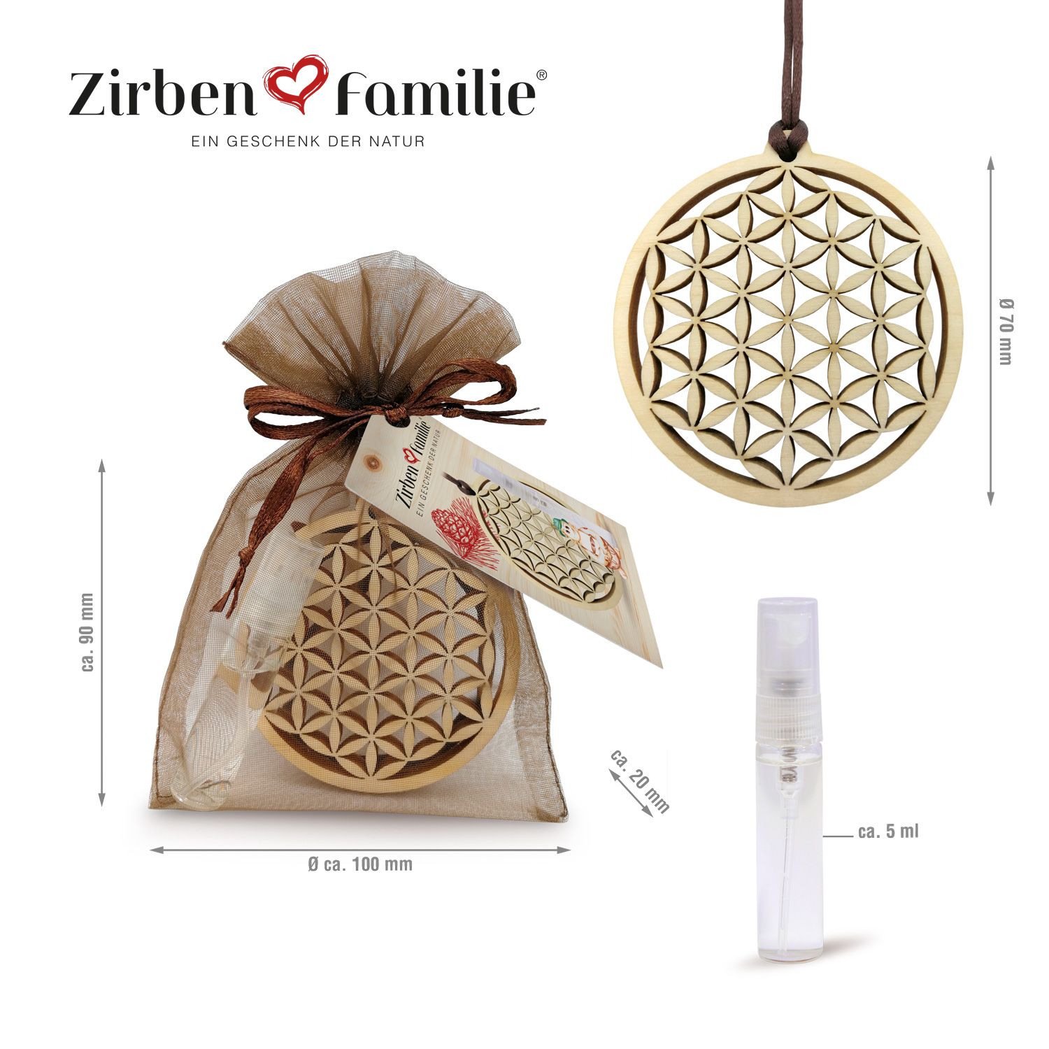 Runder Holzanhänger mit floralem Muster, braunes Band, in Beutel mit Sprayflasche. Maße: 8 x 10 cm, 7 cm Durchmesser.