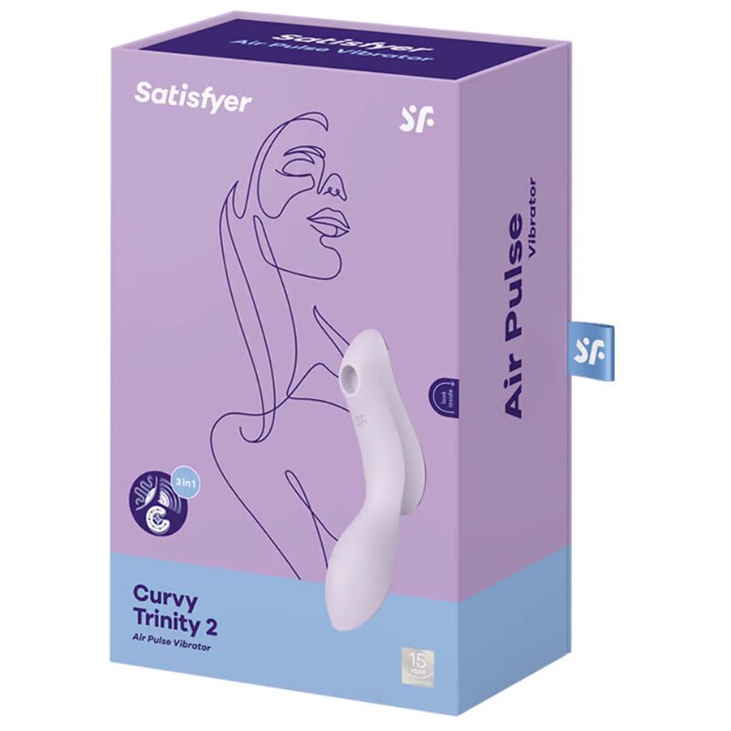 Lila Verpackung des Satisfyer Curvy Trinity 2. Mit Produktabbildung, Schriftzug und Logo.
