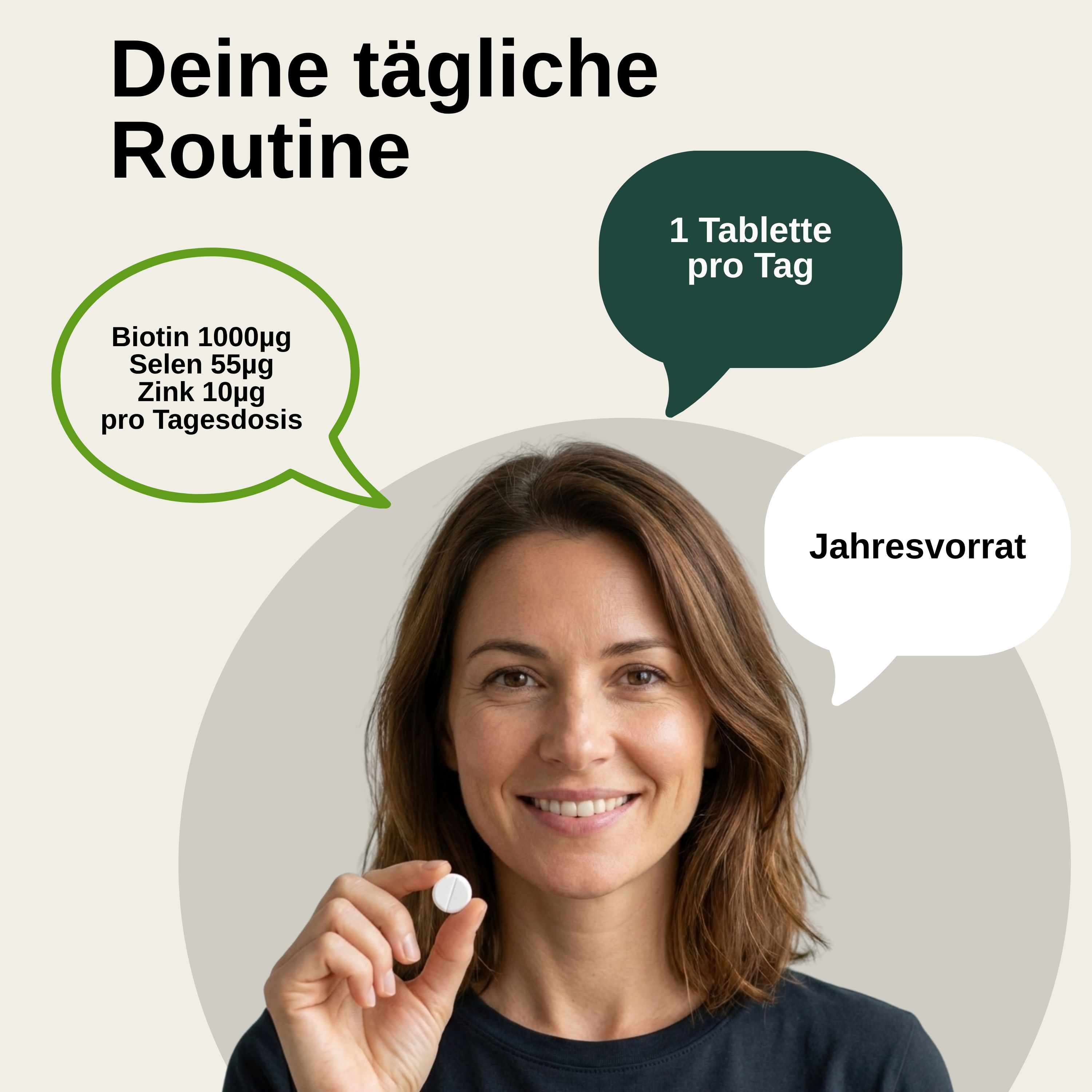 Frau hält Tablette. Sprechblasen: 1 Tablette pro Tag, Jahresvorrat. Text: Biotin 1000µg, Selen 55µg, Zink 10µg pro Tagesdosis.