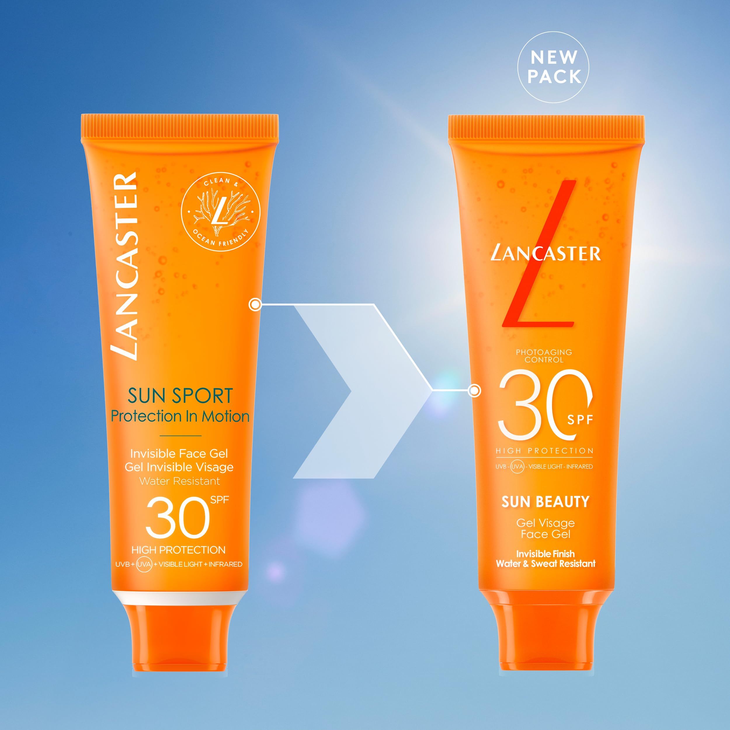 Vergleich von zwei Sonnencreme-Tuben. Beschriftung: Sun Sport, Sun Beauty, SPF 30, Gel Visage Face Gel.