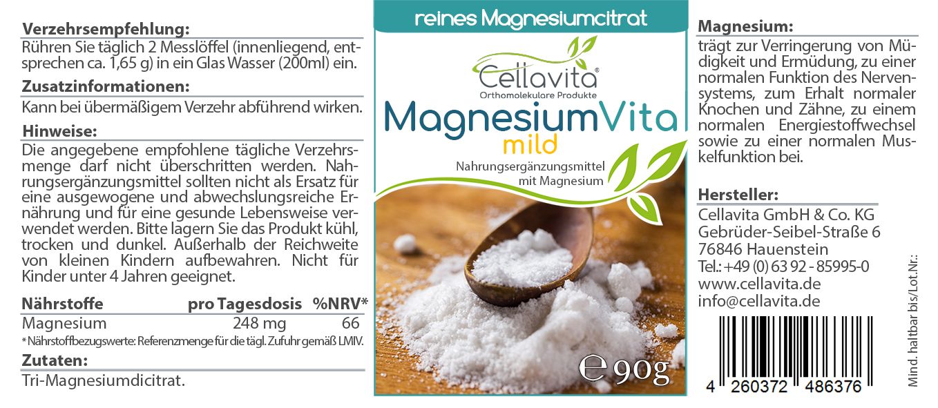 Magnesiumcitrat Pulver in Dose, 90g. Enthält Magnesium zur Unterstützung von Nerven und Muskeln.