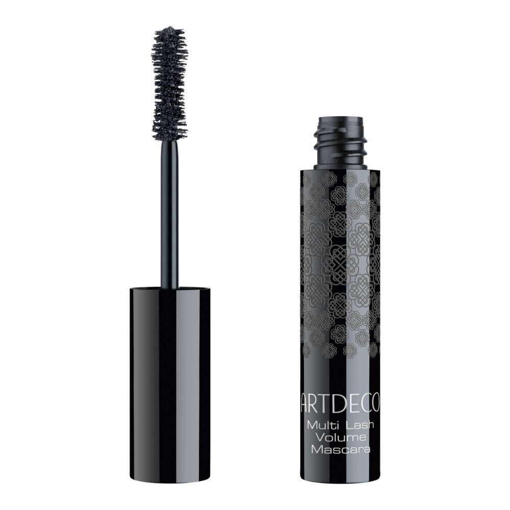 Geöffnete Mascara-Tube mit Bürste. Produktname: Artdeco Multi Lash Volumen Mascara Refillable. Schwarze Bürste.