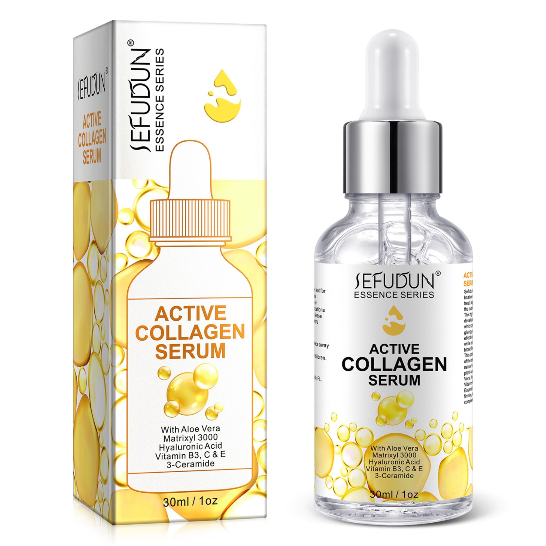 Serumflasche und Verpackung. Text: Sefudun Essence Series Active Collagen Serum. Inhaltsstoffe: Aloe Vera, Hyaluronsäure, Ceramide.
