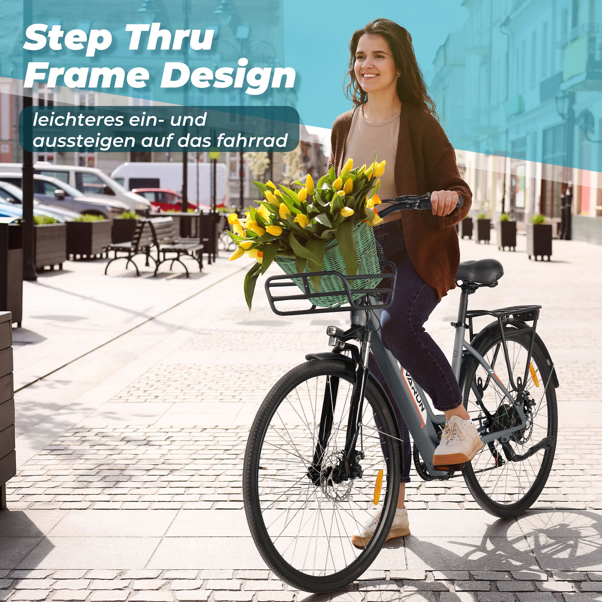 Frau fährt E-Bike mit Korb voller gelber Blumen. Text: Step Thru Frame Design, leichteres Ein- und Aussteigen.