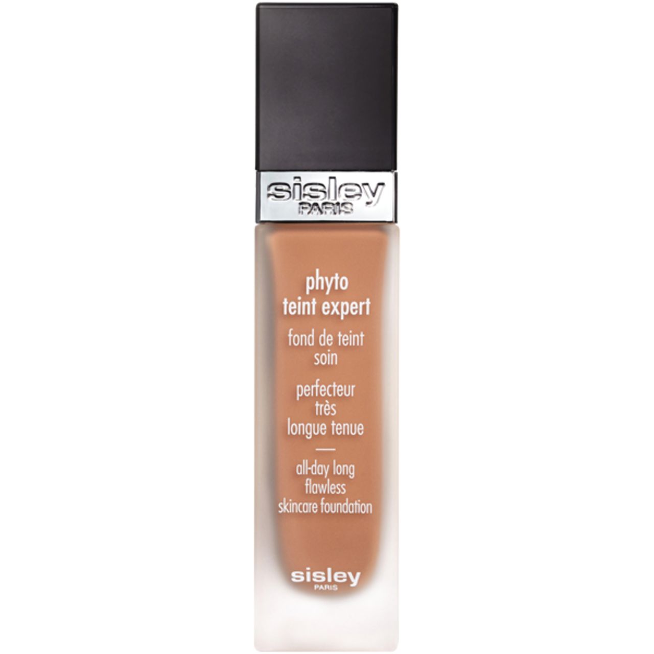 Sisley Phyto-Teint Expert Foundation. Flasche mit schwarzem Deckel. Produktname und Text sichtbar.