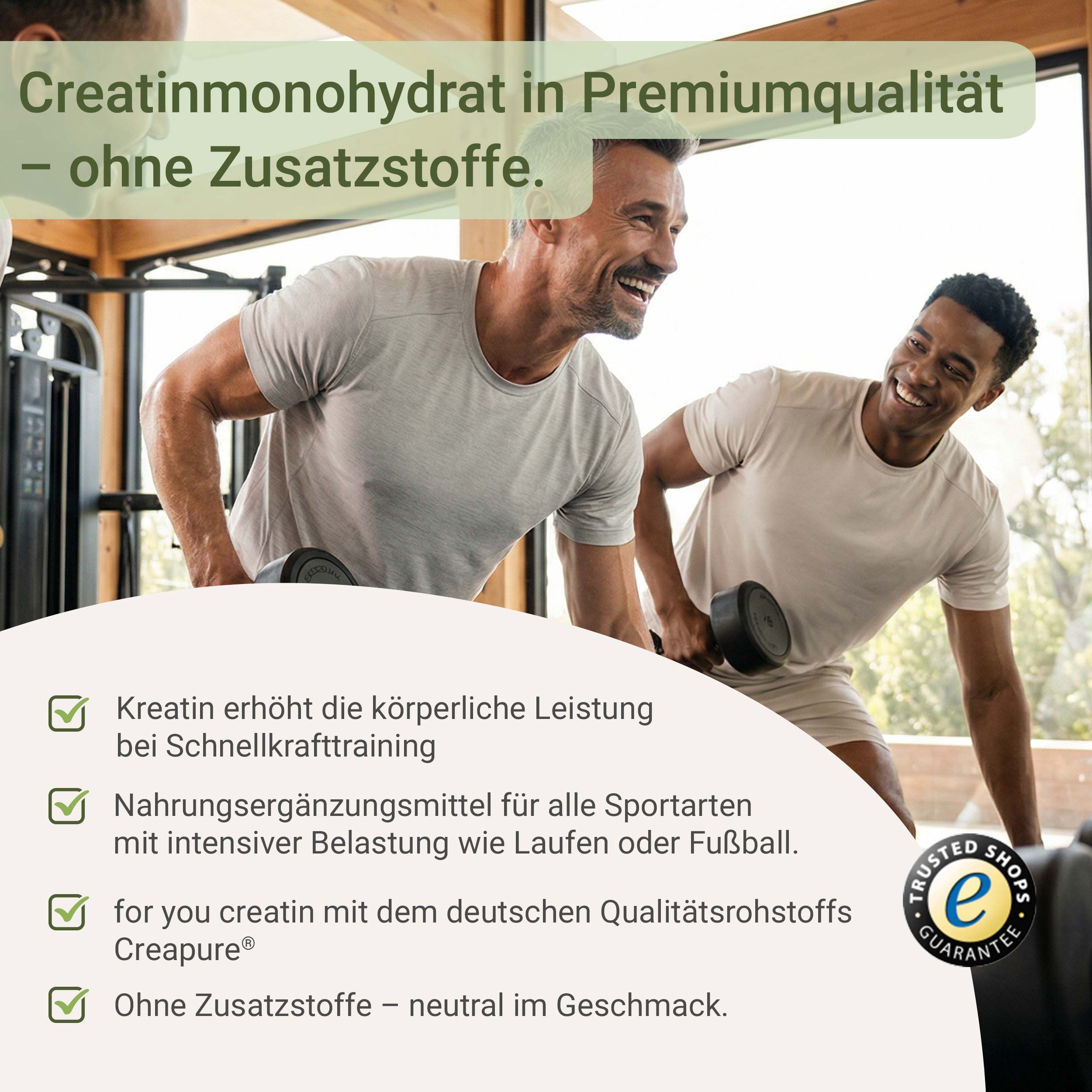 Zwei Männer trainieren mit Gewichten. Text: "Kreatin erhöht die körperliche Leistung", "Nahrungsergänzungsmittel", "for you creatin", "Ohne Zusatzstoffe".