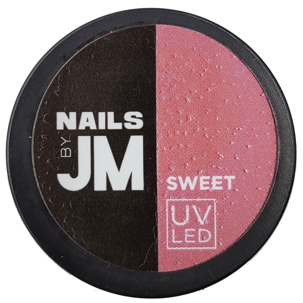 Runder Behälter, geteilt in Schwarz und Rosa. Aufschrift: NAILS BY JM, SWEET, UV LED.