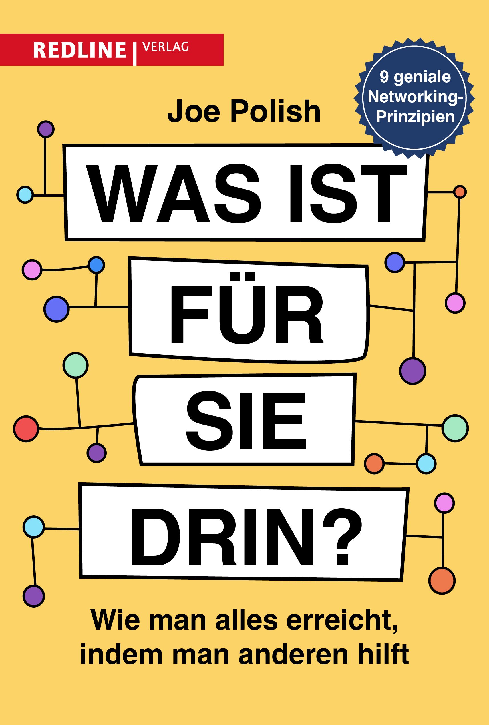 Buchcover mit Titel "Was ist für Sie drin?". Autor Joe Polish. Verlag Redline. Auf gelbem Hintergrund, mit Diagramm-Elementen.