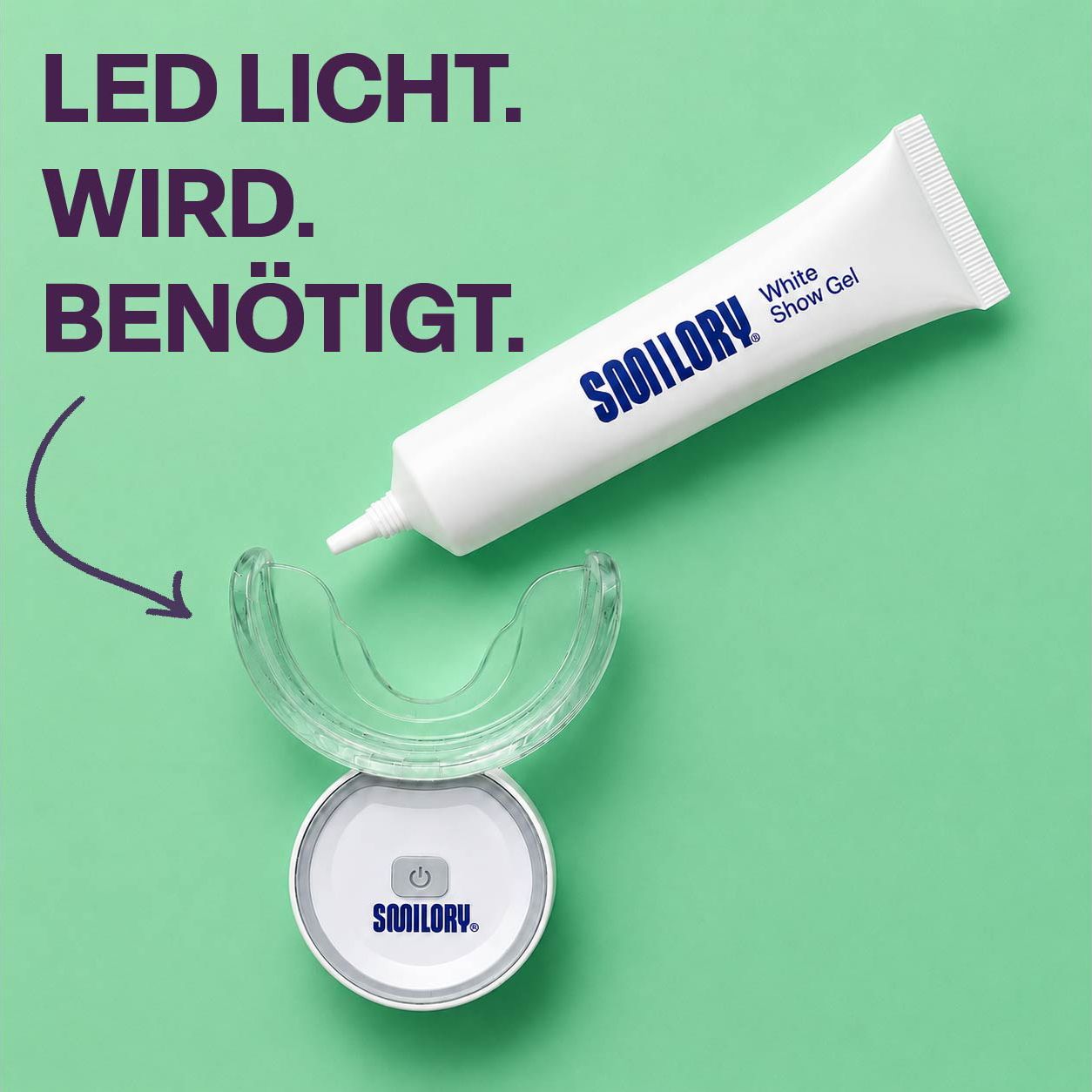 Smilory White Show Gel Tube mit Applikator und Mundstück mit LED-Licht.