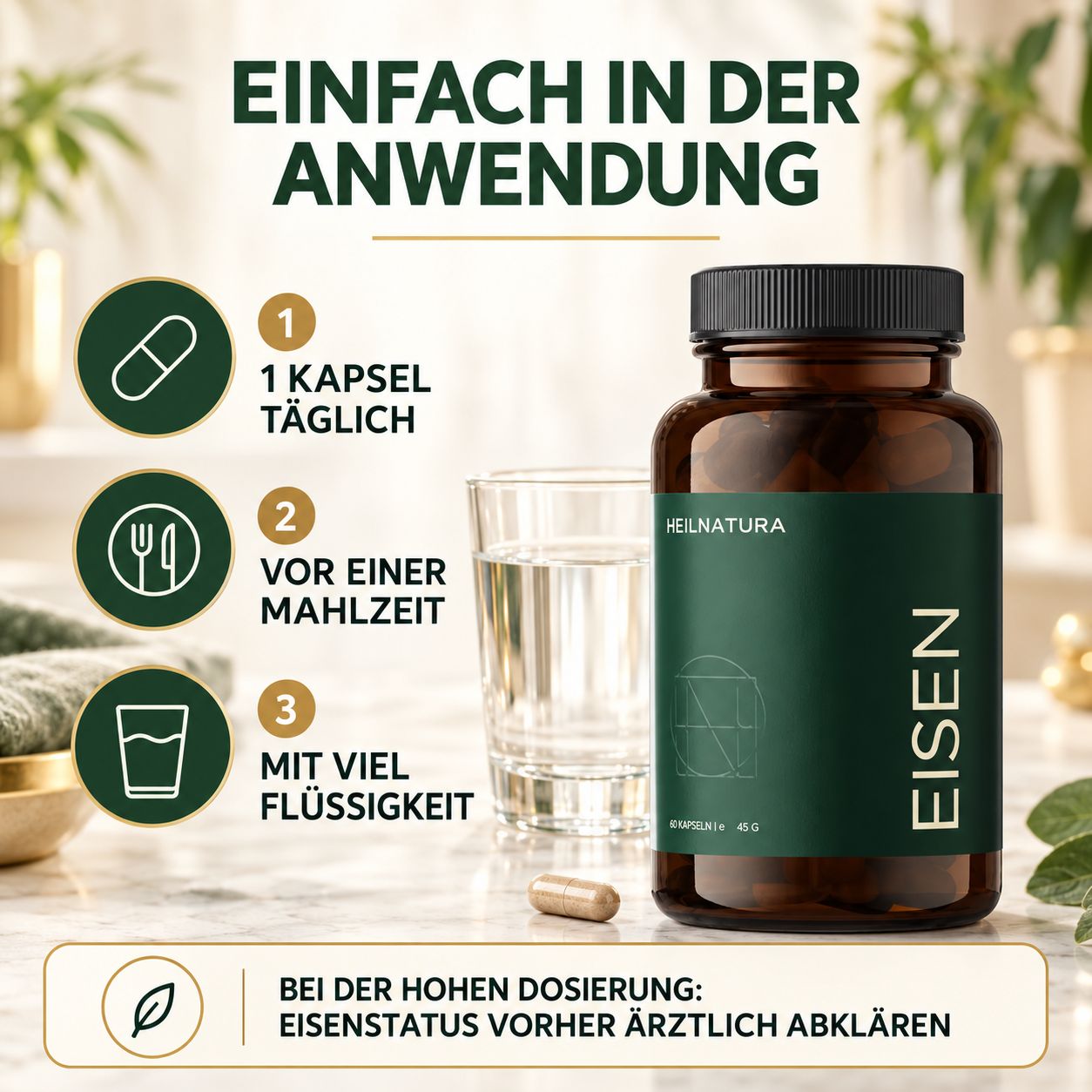 Heilnatura Eisen Kapseln 30 mg mit Vitamin C & Kupfer – 60 Stück