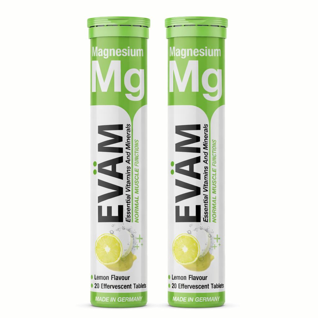 Zwei grüne Tuben EVÄM Magnesium Brausetabletten. Zitrone. 20 Tabletten pro Tube. Hergestellt in Deutschland.