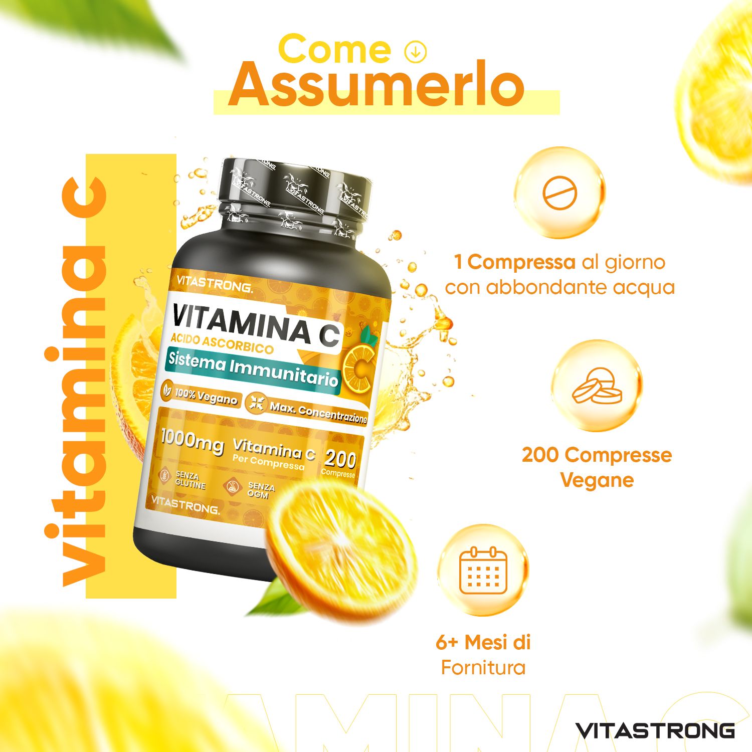 Vitastrong Vitamin C-Tabletten. 1 Tablette täglich mit Wasser. 200 vegane Tabletten. 6+ Monate Vorrat. Text: Vitamin C, Ascorbinsäure, Immunsystem.