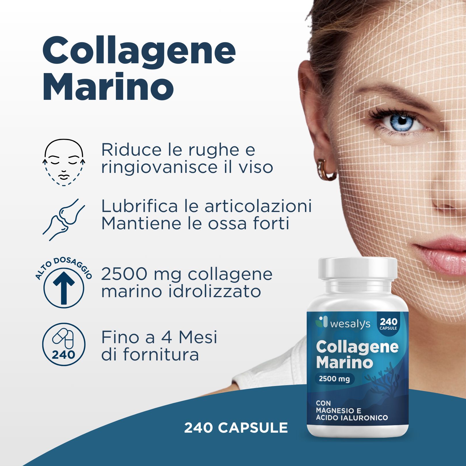 Flacone del prodotto accanto a testo e viso. Testo: Collagene Marino, 2500 mg, 240 capsule. Riduce le rughe.