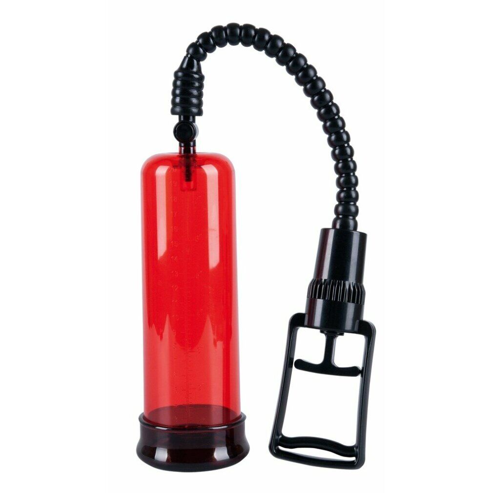Rote, transparente Zylinderpumpe mit schwarzem Griff und Schlauch. Unterteil und Griff schwarz.