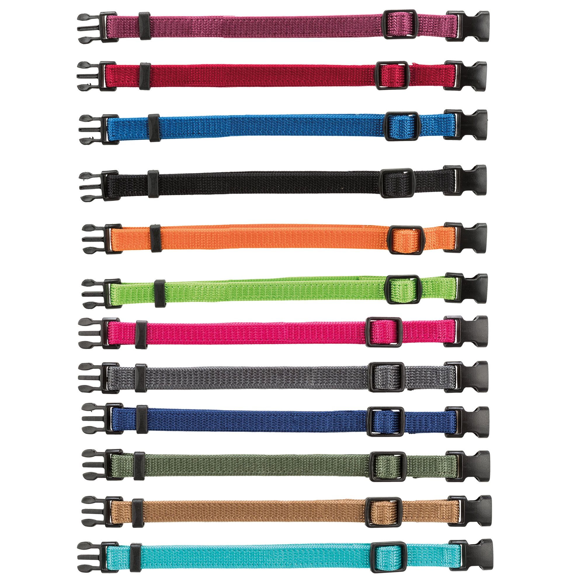 Halsbänder in verschiedenen Farben. Schwarze Schnallen. Verschiedene Farben: Lila, Rot, Blau, Schwarz, Orange, Grün, Pink, Grau, Dunkelblau, Olivgrün, Türkis.