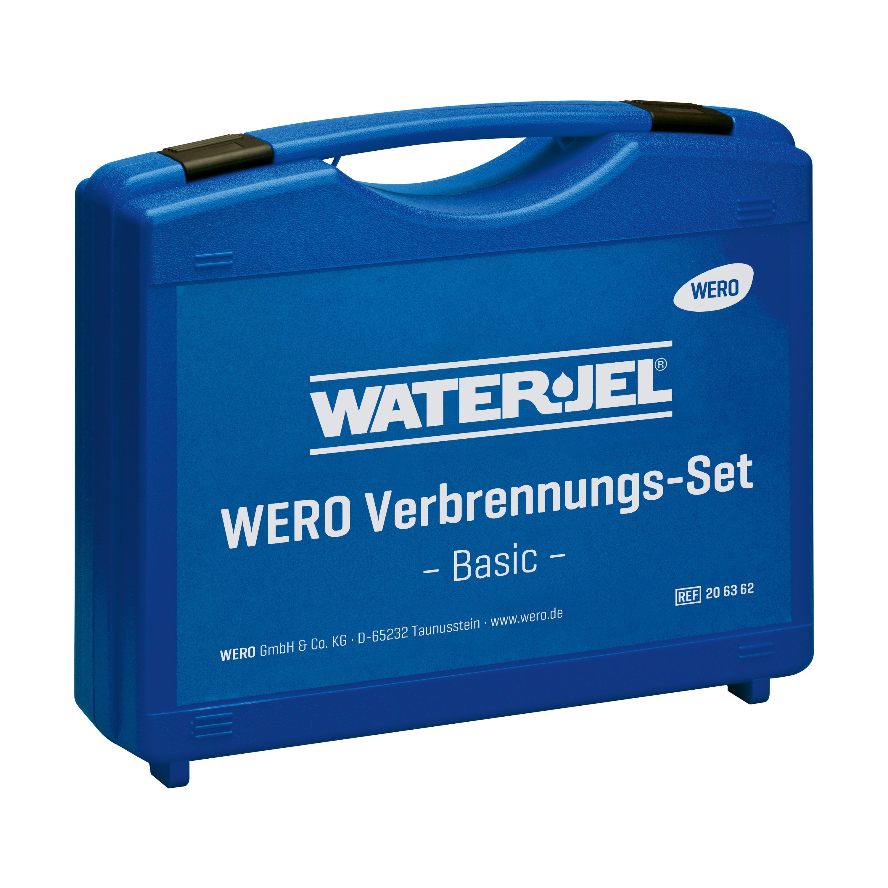 Blauer Koffer mit 'WERO Verbrennungs-Set Basic' Aufdruck. 'WATER-JEL' und 'WERO' Logos. Schwarzer Griff oben.