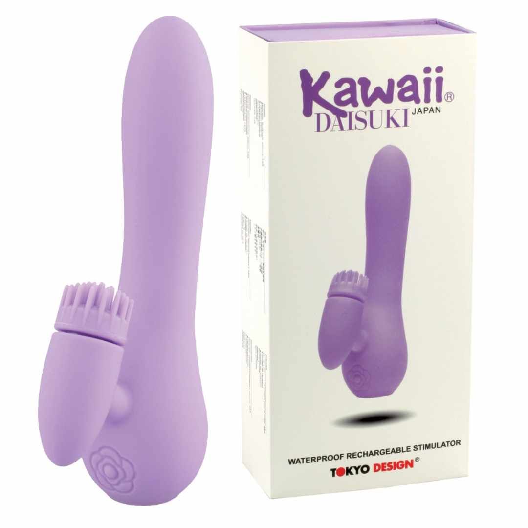 Lila Vibrator neben Verpackung. Aufschrift "Kawaii Daisuki Japan" und "Tokyo Design".