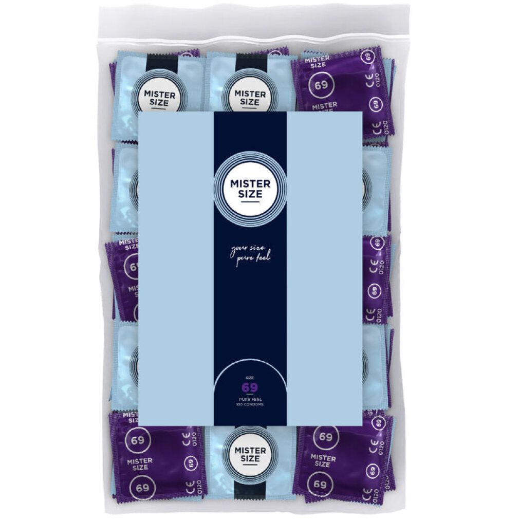 Beutel mit Kondomen. Auf der Verpackung steht "Mister Size 69". Einzelne Kondome sind in hellblauen und violetten Folien verpackt.