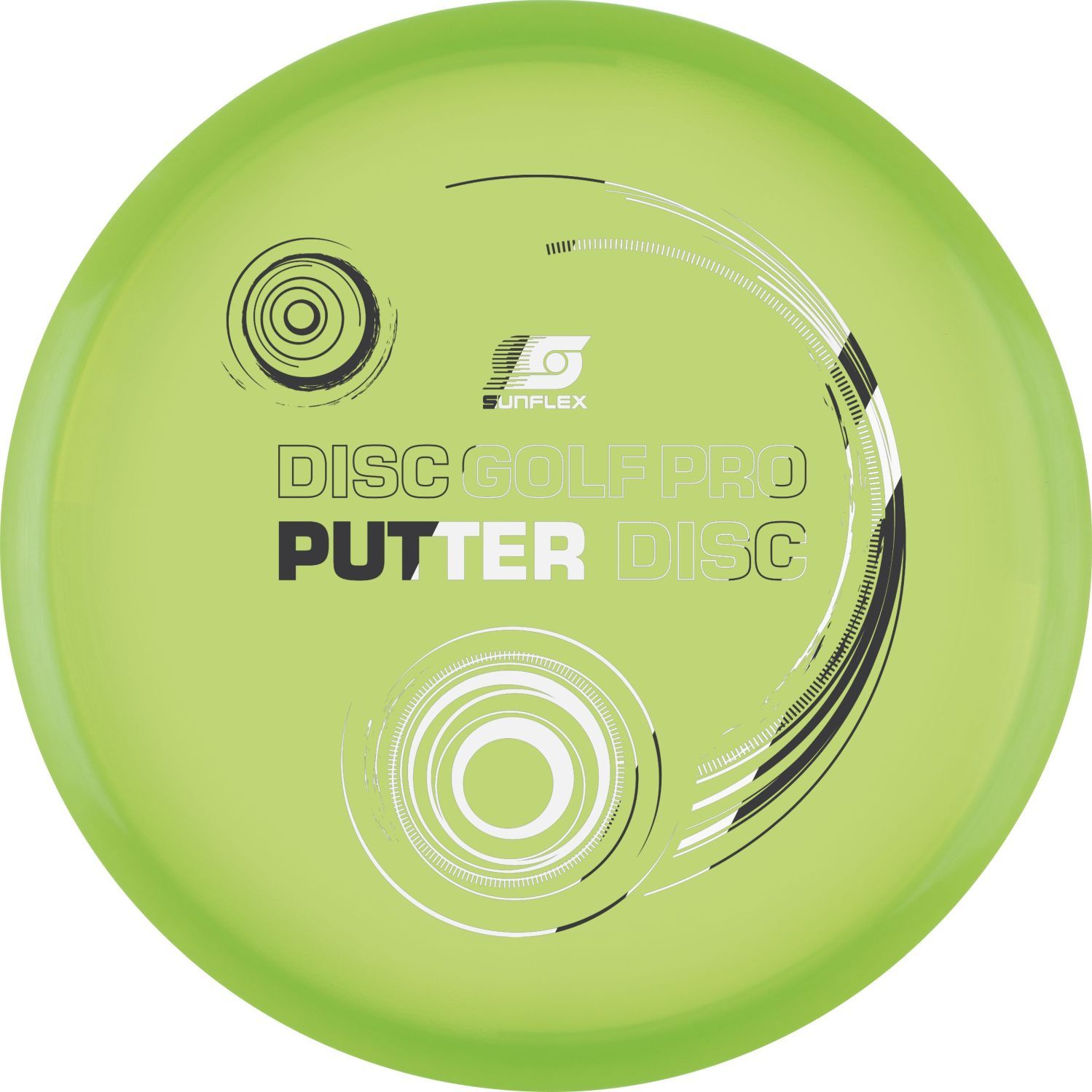 Grüne Sunflex Disc Golf Pro Putter Disc. Schwarze und weiße Grafiken. Logo und Schriftzug.