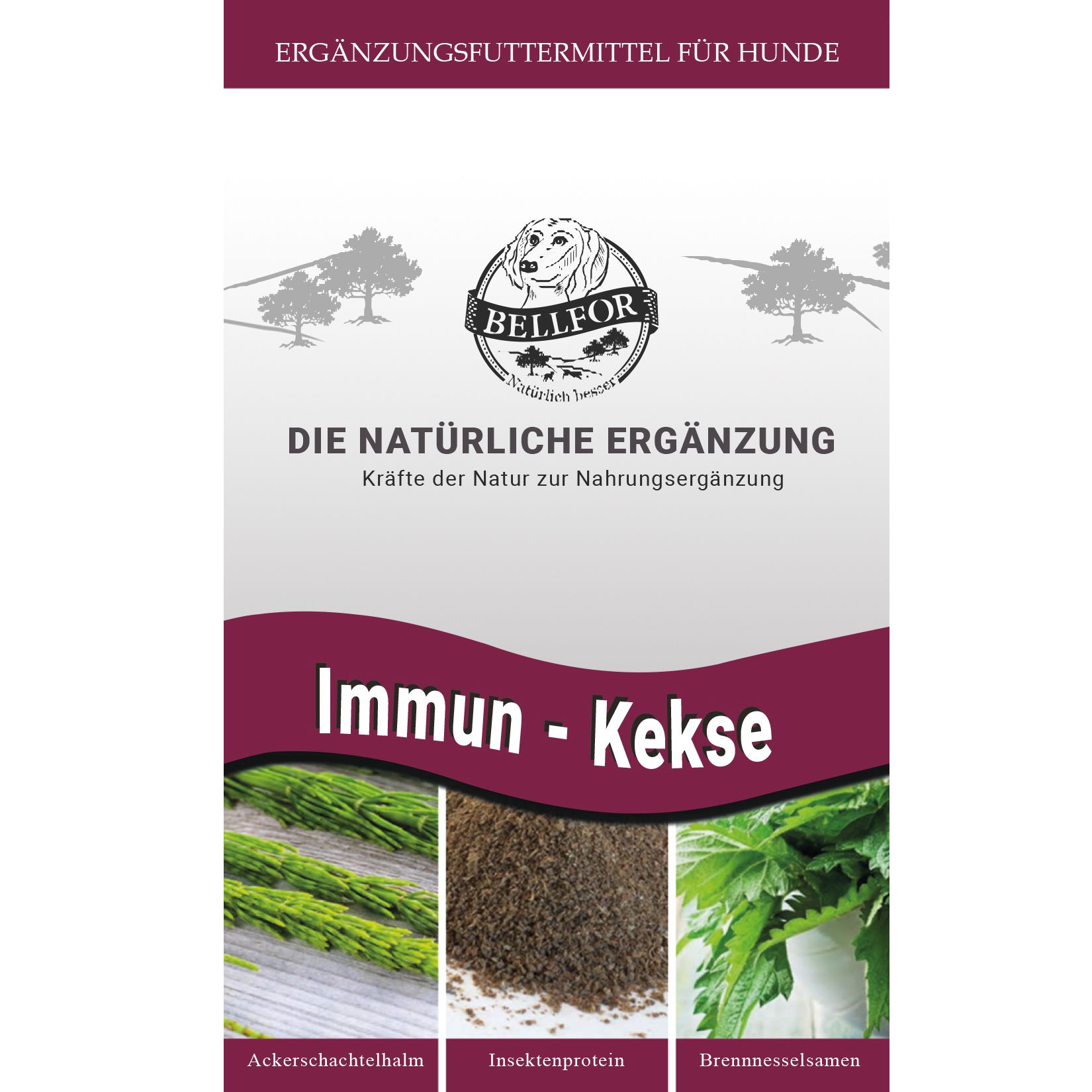 Verpackung mit Produktinformationen. Logo Bellfor, Text: Immun - Kekse. Abbildung von Kräutern.