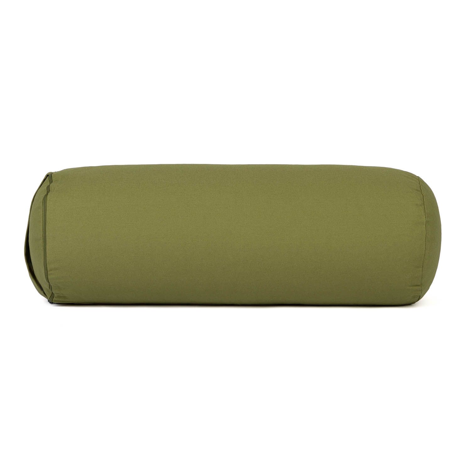 Zylindrisches Yoga-Bolster, olivgrün. Rundes Kissen mit abgerundeten Enden. Stoffbezug.