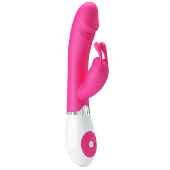Rosa Vibrator mit weißem Sockel. Hat eine längliche Form mit einem erhabenen Teil und zwei kleineren Elementen.