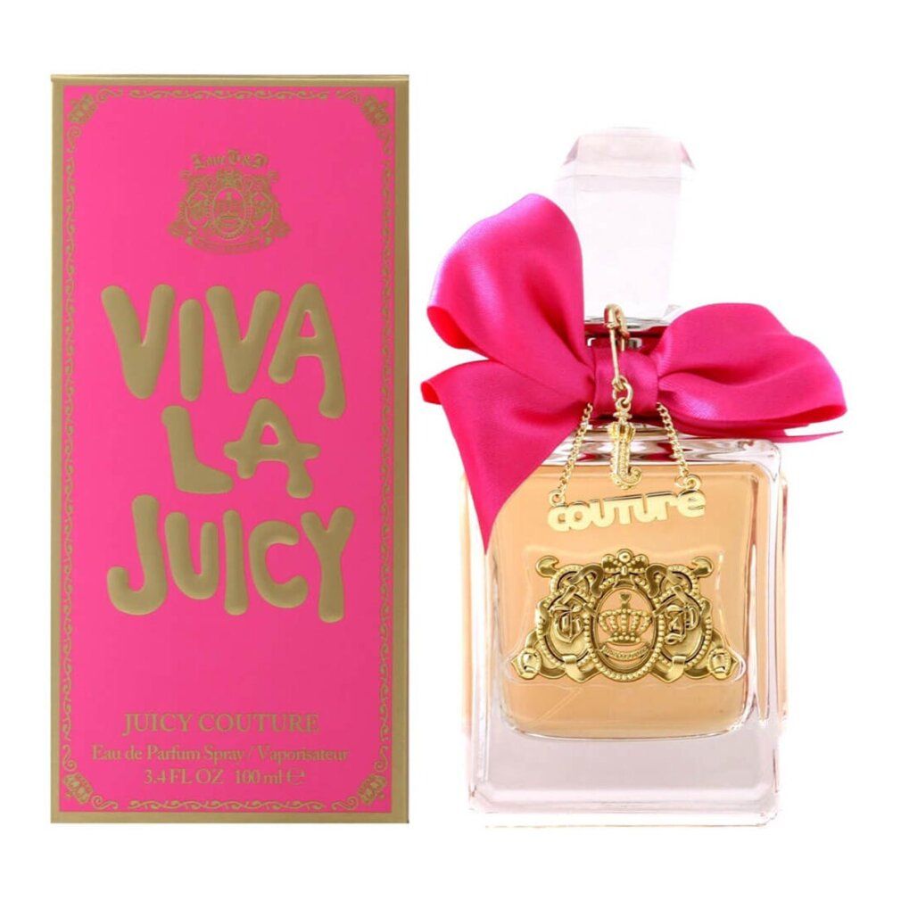 Viva La Juicy Eau de Parfum Flakon neben rosa Schachtel.
