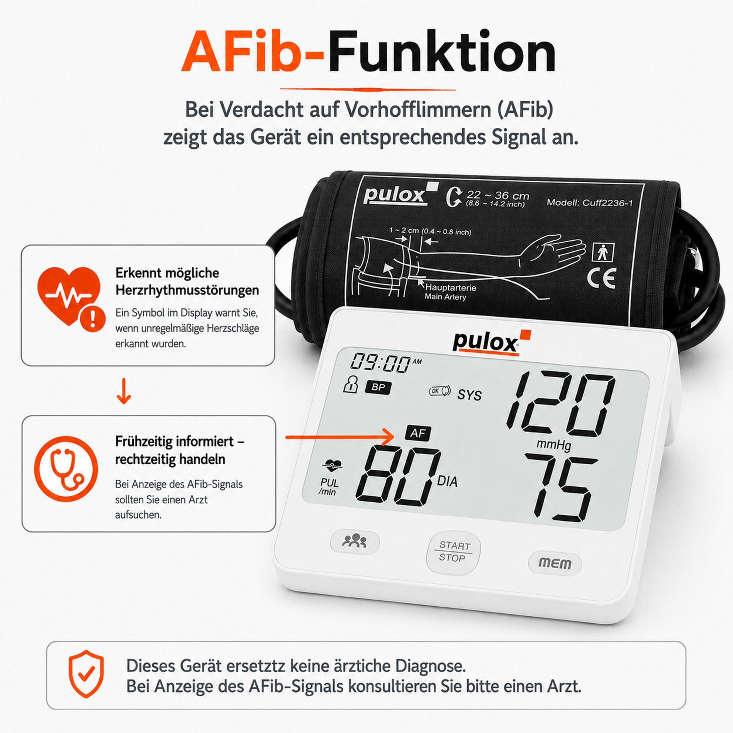 Pulox - BP-200 - Oberarm-Blutdruckmessgerät inkl. AFib-Erkennung