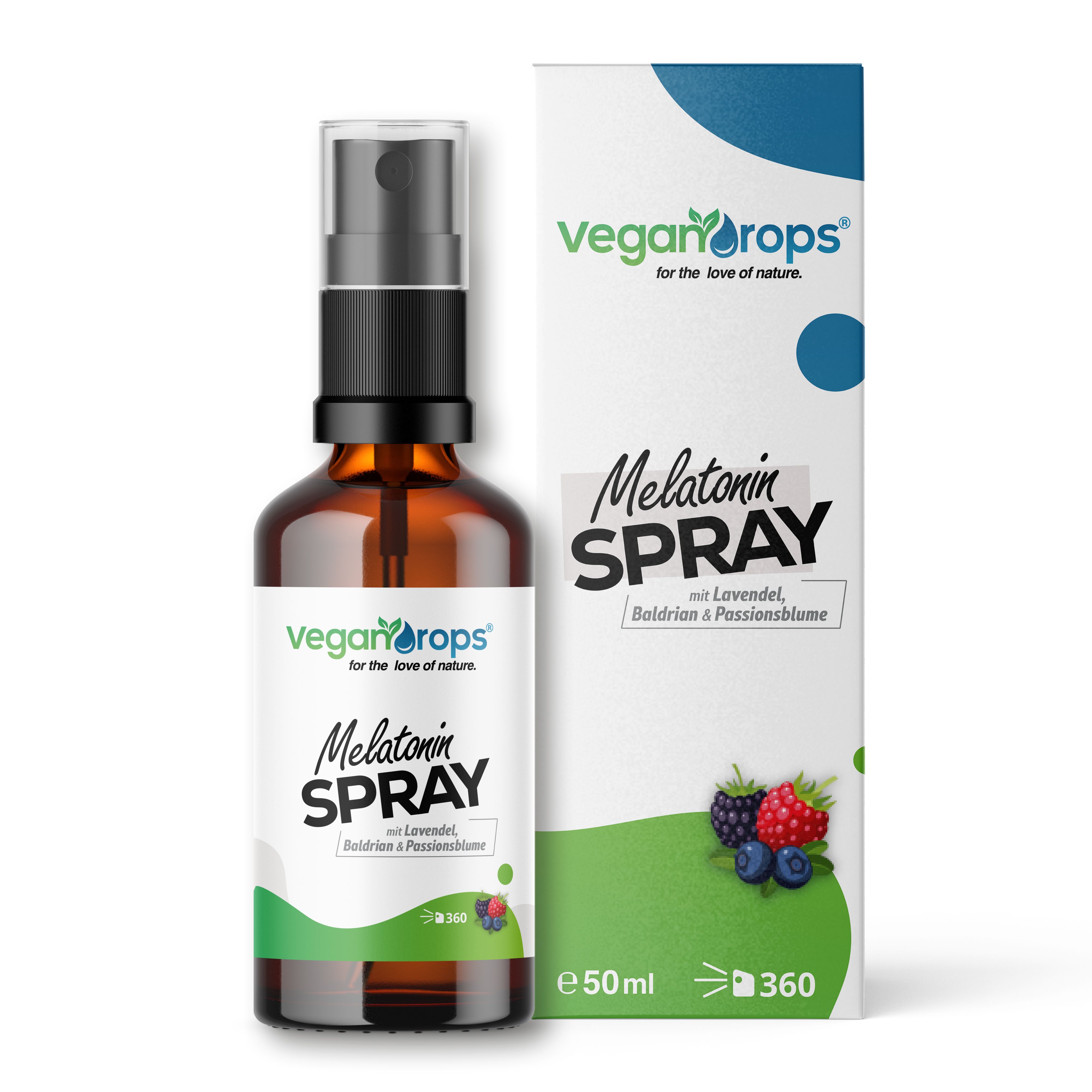 Braune Glasflasche und Verpackung von Vegan Drops® Melatonin Spray. Aufschrift: Melatonin Spray mit Lavendel, Baldrian & Passionsblume.
